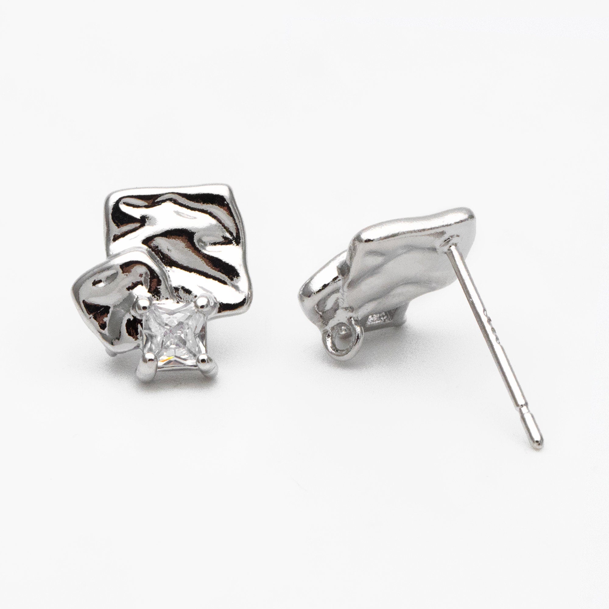 4pcs CZ Pave Rough Square Stud Earring With Loop, Real Gold/ Rhodium Plated Brass Geometric Earring Studs (GB-3169)